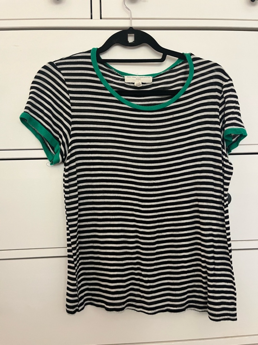 Project Social T Black & White Striped Tee with Green Trim